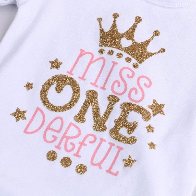 Viworld Baby Girl 1st Birthday Cake Smash Toddler Girl Miss Onederful Romper Tutu Skirt with Headband Clothes Set - Image 5